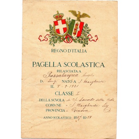 PAGELLA SCOLASTICA REGIME FASCISTA REGNO D'ITALIA, ANNO VI 1928 SANTA MARGHERITA LIGURE