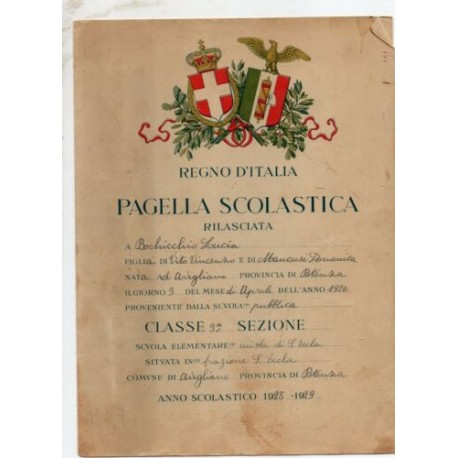 PAGELLA SCOLASTICA REGIME FASCISTA REGNO D'ITALIA, ANNO VII 1929 AVIGLIANO