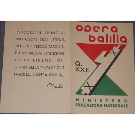 PAGELLA SCOLASTICA REGIME FASCISTA PNF OPERA BALILLA ANNO XXII 1943-1944