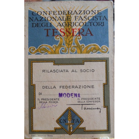 TESSERA DELLA CONFEDERAZIONE NAZIONALE FASCISTA DEGLI AGRICOLTORI, MODENA, 1932