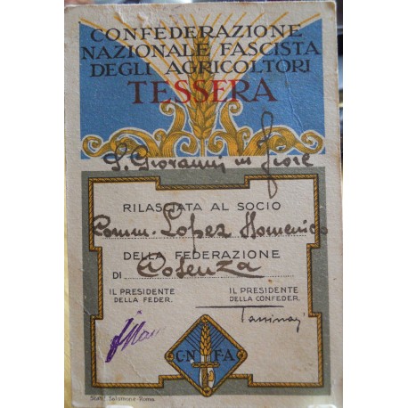 TESSERA DELLA CONFEDERAZIONE NAZIONALE FASCISTA DEGLI AGRICOLTORI, COSENZA, 1932
