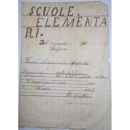 ANTICA PAGELLA  SCUOLE ELEMENTARI, SASSARI, 1885